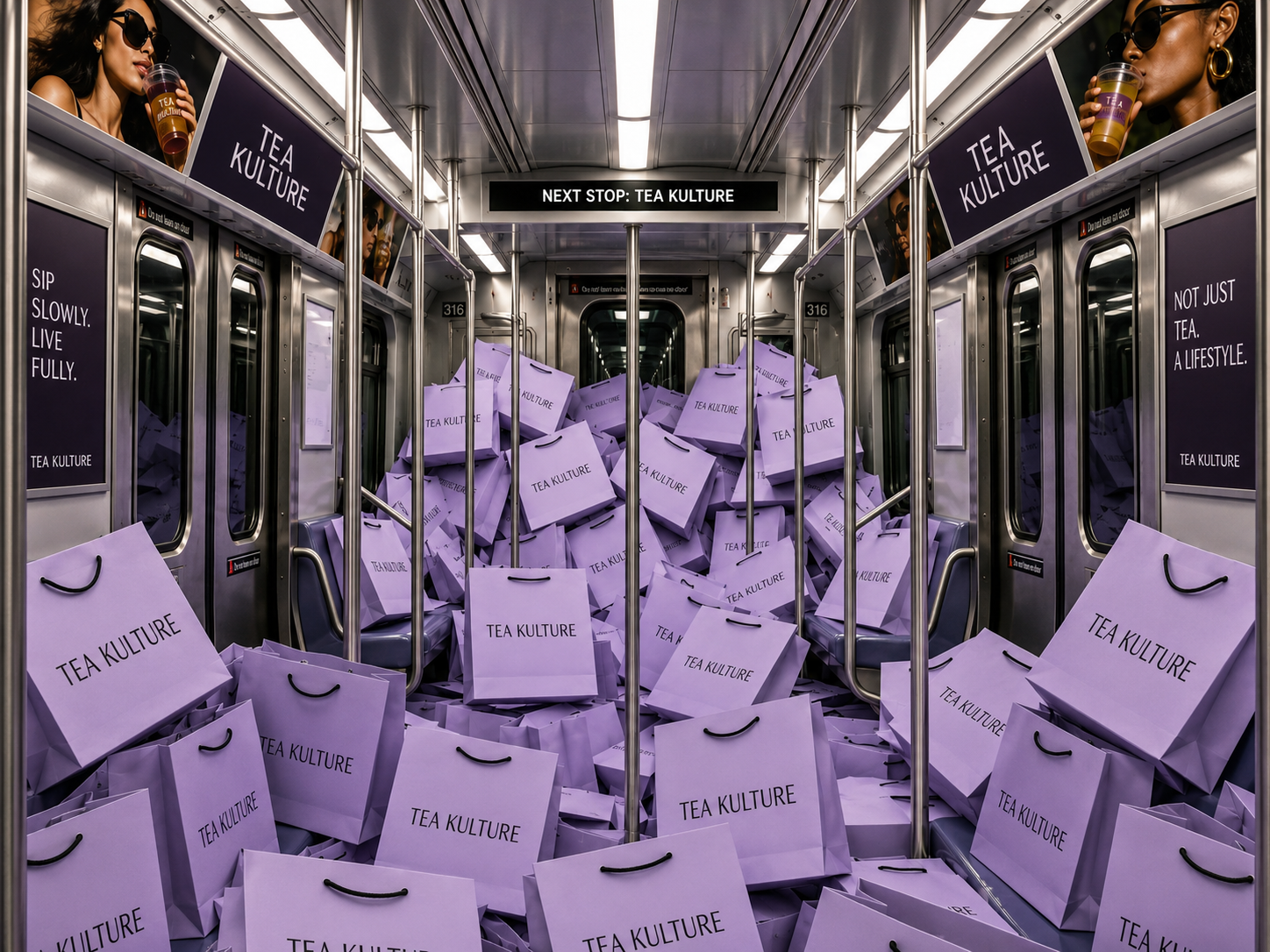 Subway car filled with lavender Tea Kulture shopping bags